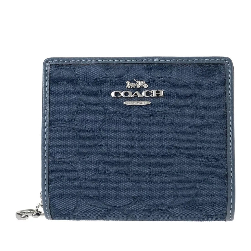 NWT COACH Signature Dark Denim Blue Wallet Snap & Zipper Jacquard